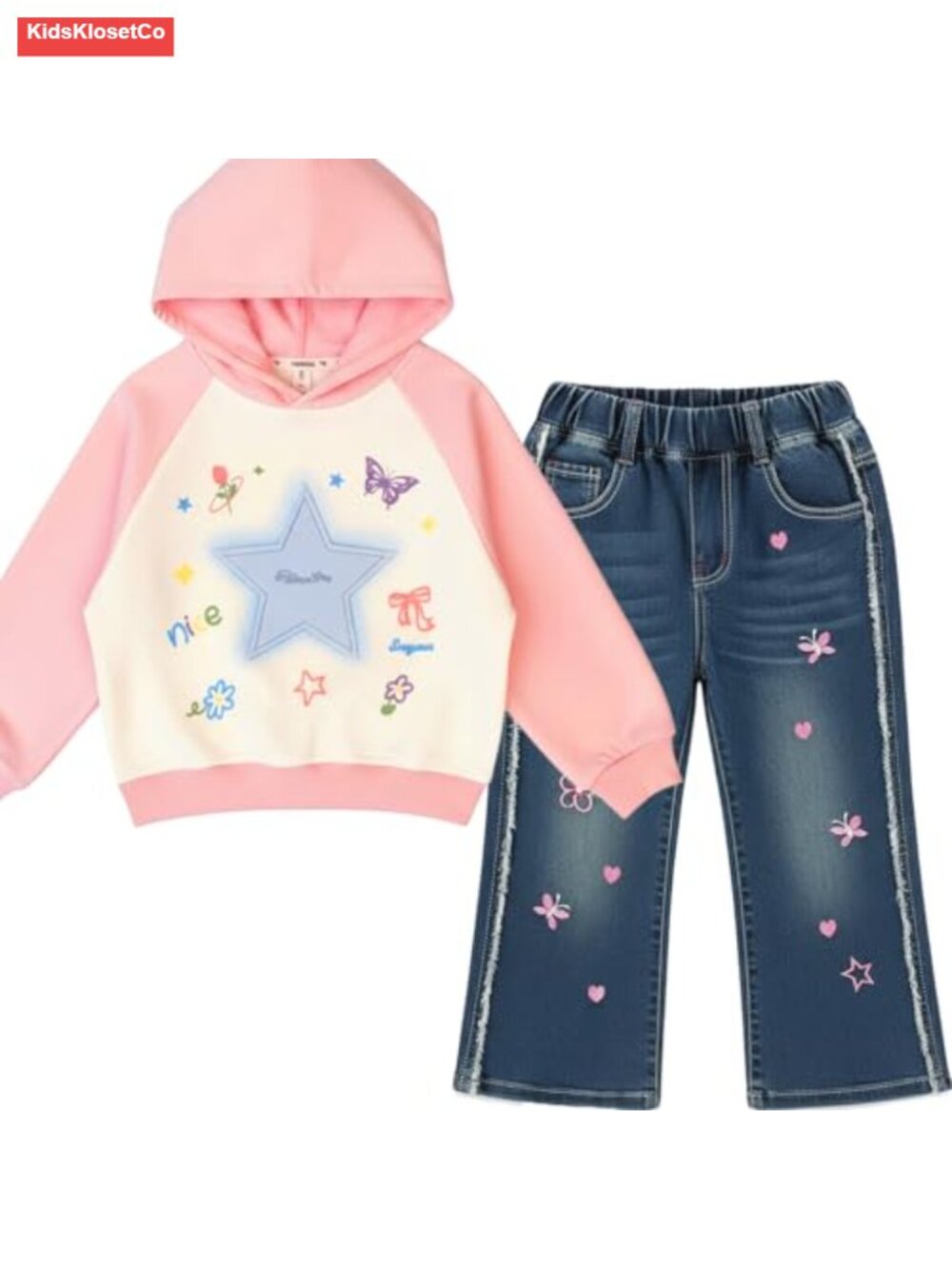 Little Girls 2pcs Clothing Set – Pink Hoodie T-Shirt & Jeans, 6-7Y